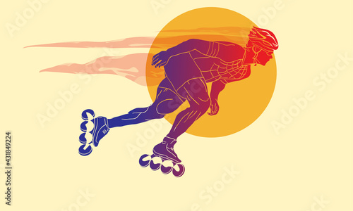 An athlete in a helmet runs on roller skates