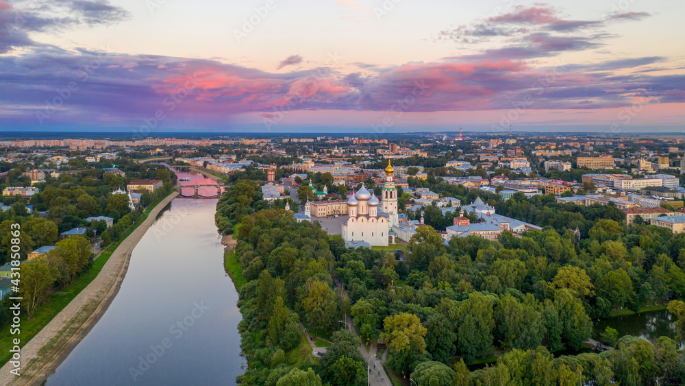Sunset aerial view of Vologda river and central part of Vologda town. Russia.