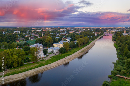 Sunset aerial view of Vologda river and the town. Vologda Oblast, Russia.