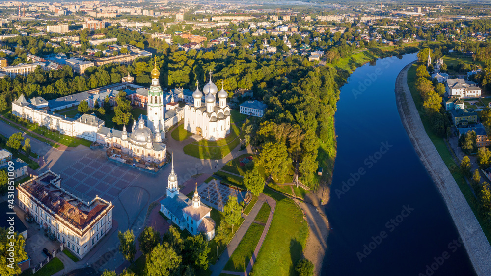 Aerial view of Vologda town, Vologda river and Kremlin on sunny summer day. Russia.