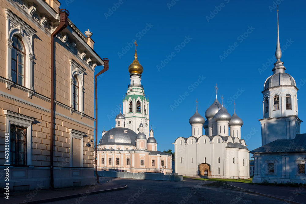 View of Voskresensky, Sophia Cathedrals and Alexander Nevsky Church on sunny summer day. Vologda town, Russia.