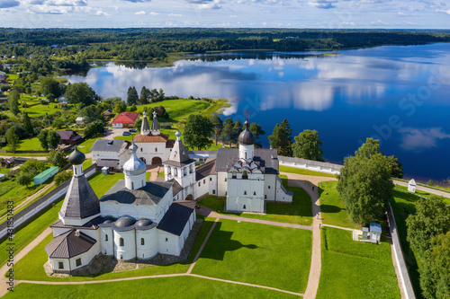 Aerial view of Ferapontov Monastery on sunny summer day. Ferapontovo village, Vologda Oblast, Russia.