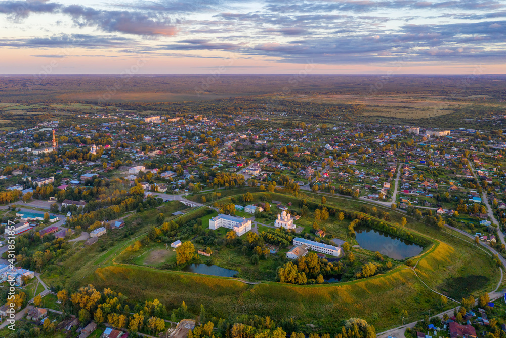 Sunset aerial view of Belozersk Kremlin. Belozersk, Vologda Oblast, Russia.