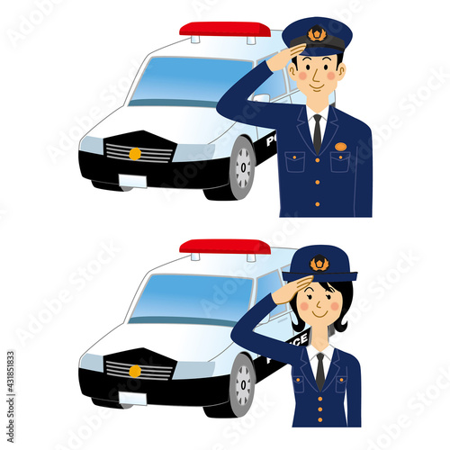 敬礼する警察官とパトカー
