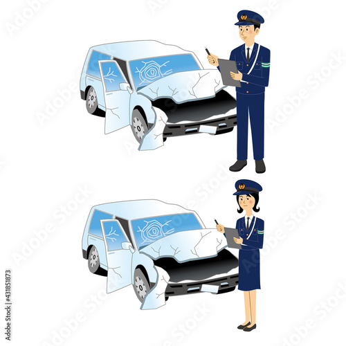 自動車事故を確認する警察官