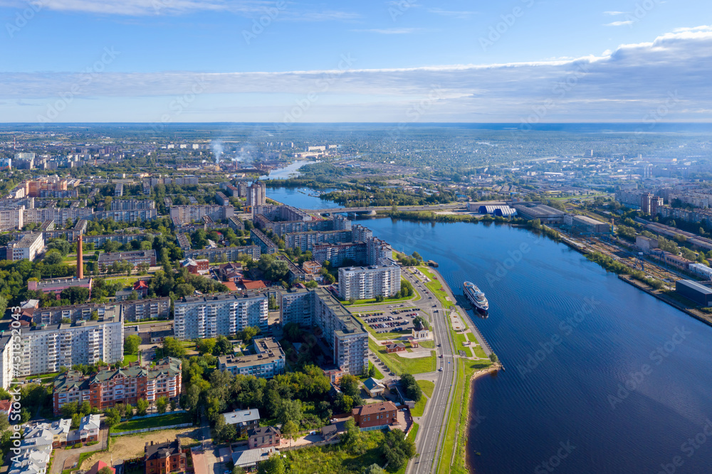 Aerial view of Cherepovets town and Yagorba river on sunny summer day. Vologda Oblast, Russia.