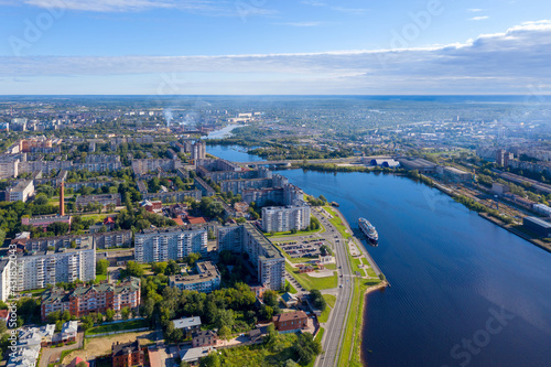 Aerial view of Cherepovets town and Yagorba river on sunny summer day. Vologda Oblast, Russia.