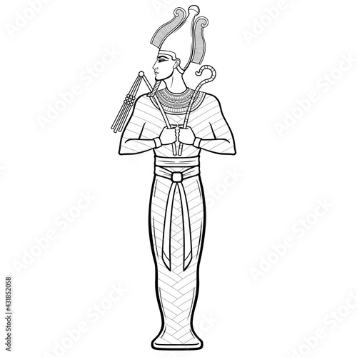 Animation portrait Egyptian man  in the royal scarf with crossed hands holds symbols of power. Vector illustration isolated on a white background. Print, poster, t-shirt, tattoo.