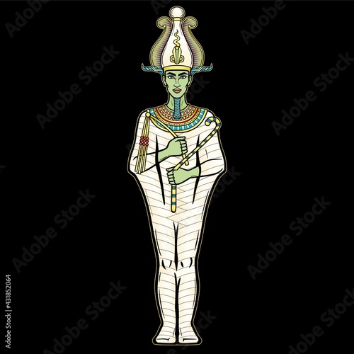 Animation portrait Egyptian man in the crown holds symbols of power in his hands. God Osiris. Full growth. Vector illustration isolated on a black background. Print, poster, t-shirt, tattoo.