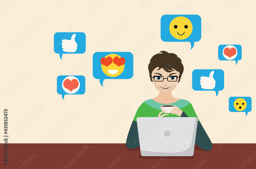 Man with laptop social media chat