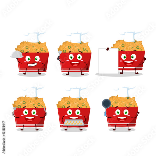 Cartoon character of nachos with various chef emoticons
