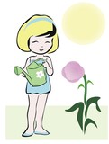 Chica jardinera regando las flores