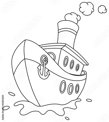Outlined steam ship with an anchor on the front. Vector line art illustration coloring page.