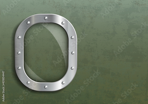 Porthole with transparent glass on a metal background.