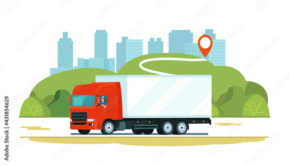 Cargo truck with driver on the road against the backdrop of a rural landscape. Vector flat style illustration.