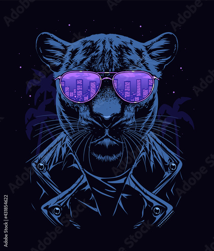 Panther in glasses on dark blue background with palm trees