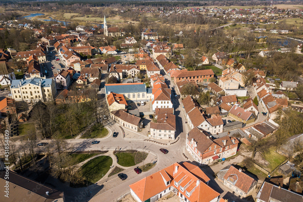 Aerial view of old town in city Kuldiga and red roof tiles, Latvia