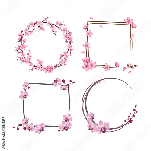 Set of frames with sakura and orchid flowers. Pink cute cherry wreaths. Festive decorations for wedding, holiday, postcard, poster and design. Vector illustration