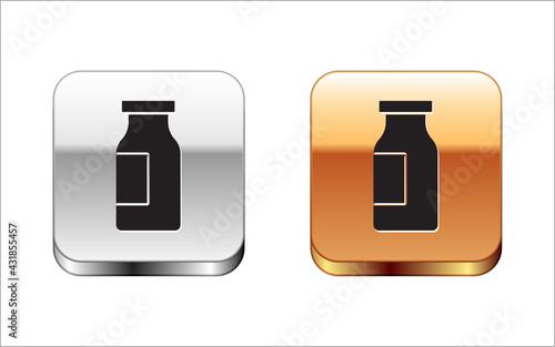 Black Closed glass bottle with milk icon isolated on white background. Silver-gold square button. Vector