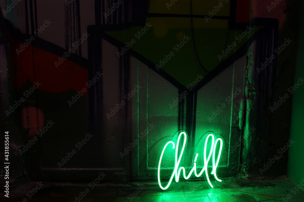 Green neon sign chill. Trendy style. Neon sign. Custom neon. Home decor.