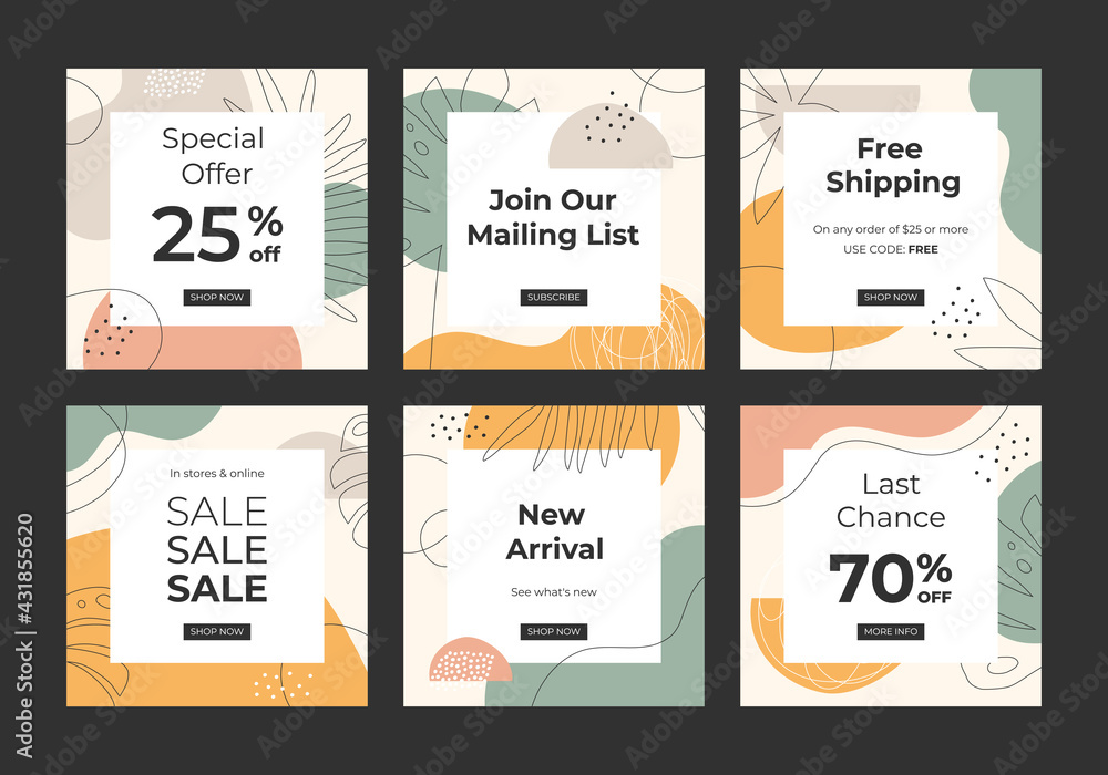 Sale and discount templates with abstract shapes. For social media, mobile apps, banners design and internet ads. 