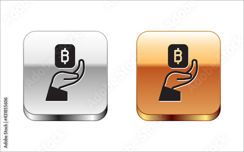 Black Hand holding Bitcoin icon isolated on white background. Blockchain technology, digital money market, cryptocoin wallet. Silver-gold square button. Vector