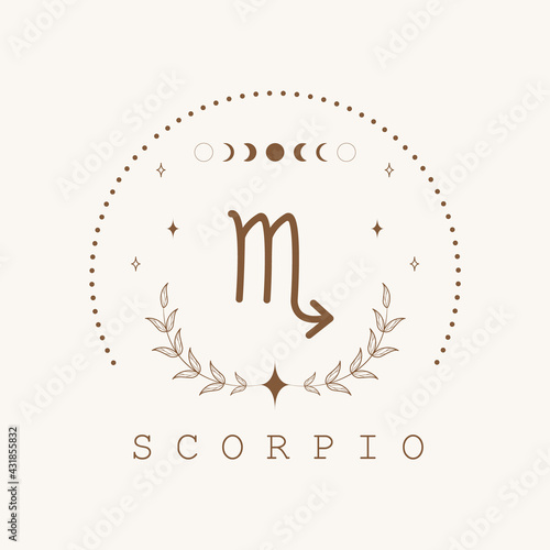 Scorpio. Zodiac sign in boho style. Astrological icon isolated on white background. Mystery and esoteric. Horoscope logo vector illustration. Spiritual tarot card.