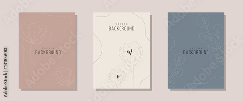 Collection of contemporary flower backgrounds. Hand drawn abstract botanical posters. Minimal interior design and natural wall art. Modern vector illustration.