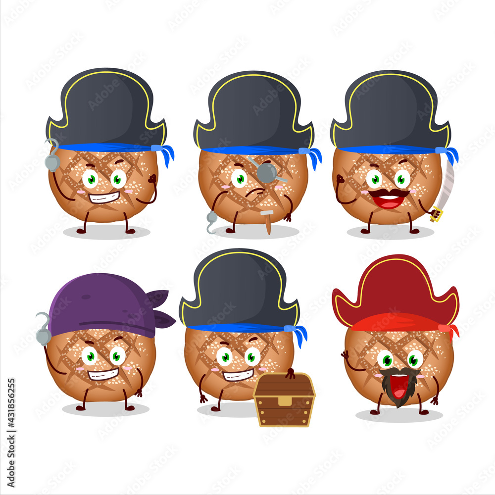 Cartoon character of round dark bread with various pirates emoticons Cartoon character of round dark bread with various pirates emoticons