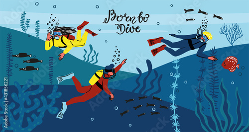 Vector flat illustration with a diver. Diving. Underwater world. marine animals. algae, shark, jellyfish. diving doodle. flat