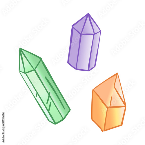 Three varicoloured crystals, hand drawn isolated vector illustration in cartoon style