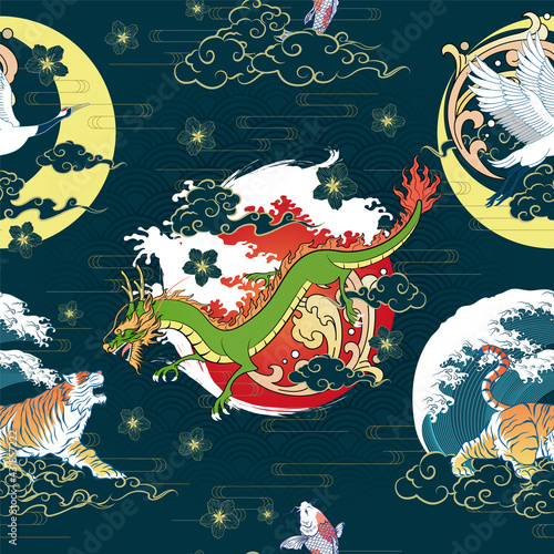 Seamless Art Japanese Repeat Pattern of Flying Dragon with Ferocious Tiger, Flying Fish and Crane with Torrential Wave and Curve Cloud on Deep Blue Water Wave Repeat Pattern Dark Green Background 
