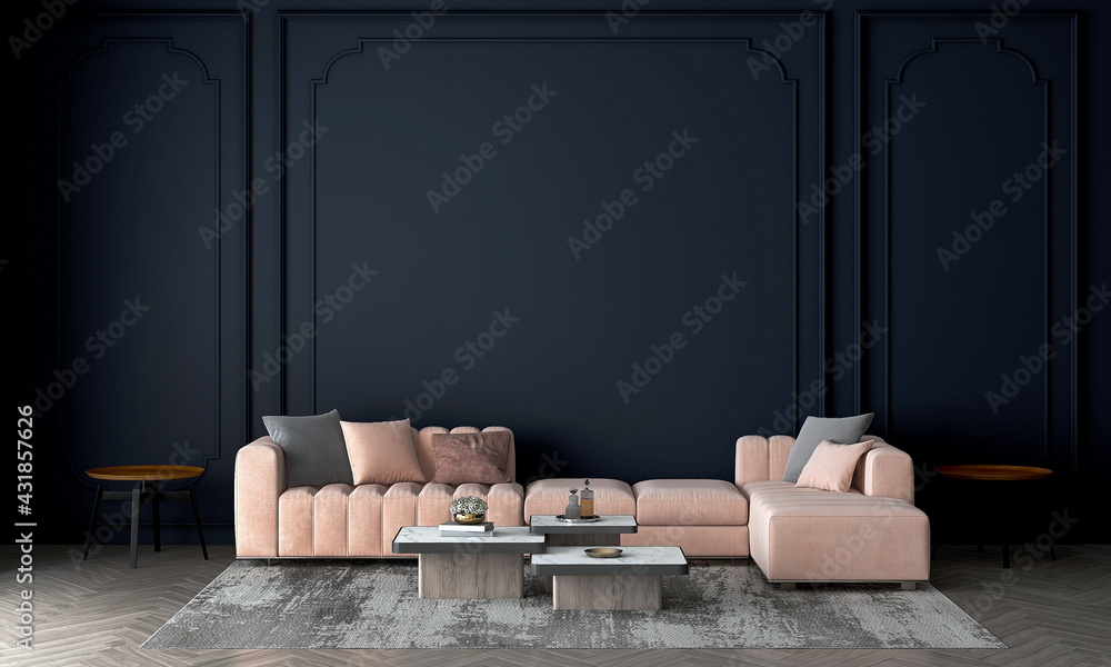 Modern cozy mock up and decoration furniture of living room and empty dark blue wall texture background, 3D rendering - obrazy, fototapety, plakaty 