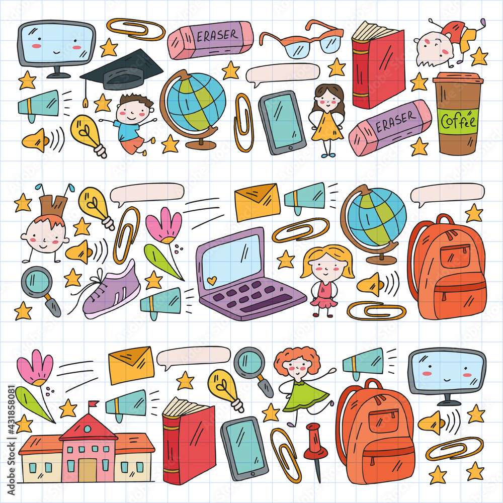 Cartoon icons with education items. Online lesson. E-learning. Cartoon icons with education items. Online lesson. E-learning.
