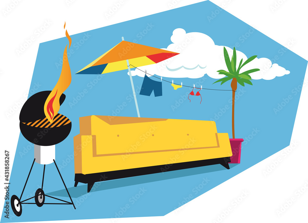 Fototapeta premium Yellow couch under an umbrella next to a barbeque, swimsuits hanged on a potted palm tree, EPS 8 vector illustration