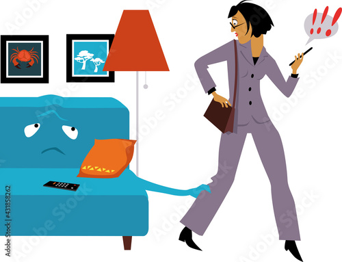 Comfy couch holding a reluctant woman who is going to work after lockdown, EPS 8 vector illustration