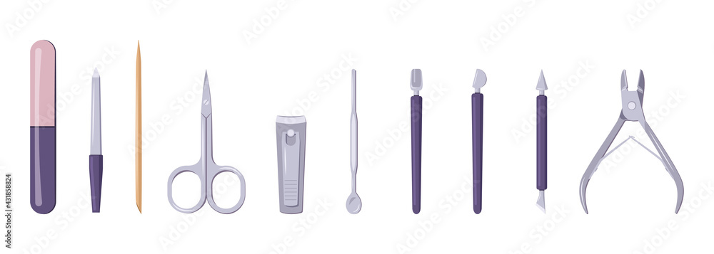 A set of tools for manicure and pedicure. Scissors, tweezers and nail files icons. Elements for beauty salon and hand and finger care at home A set of tools for manicure and pedicure. Scissors, tweezers and nail files icons. Elements for beauty salon and hand and finger care at home