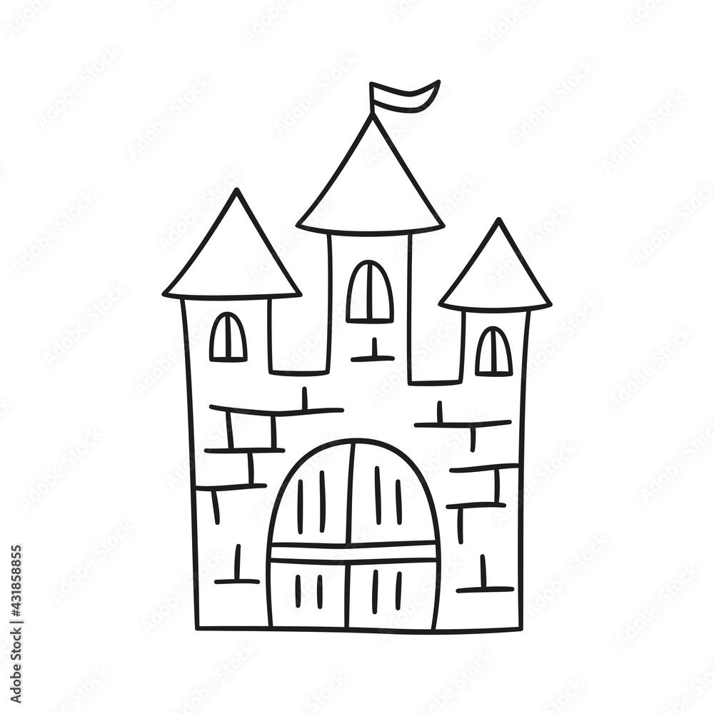 Fototapeta premium Hand drawn fairytale castle. Children doodle drawing. Isolated vector illustration on white background.