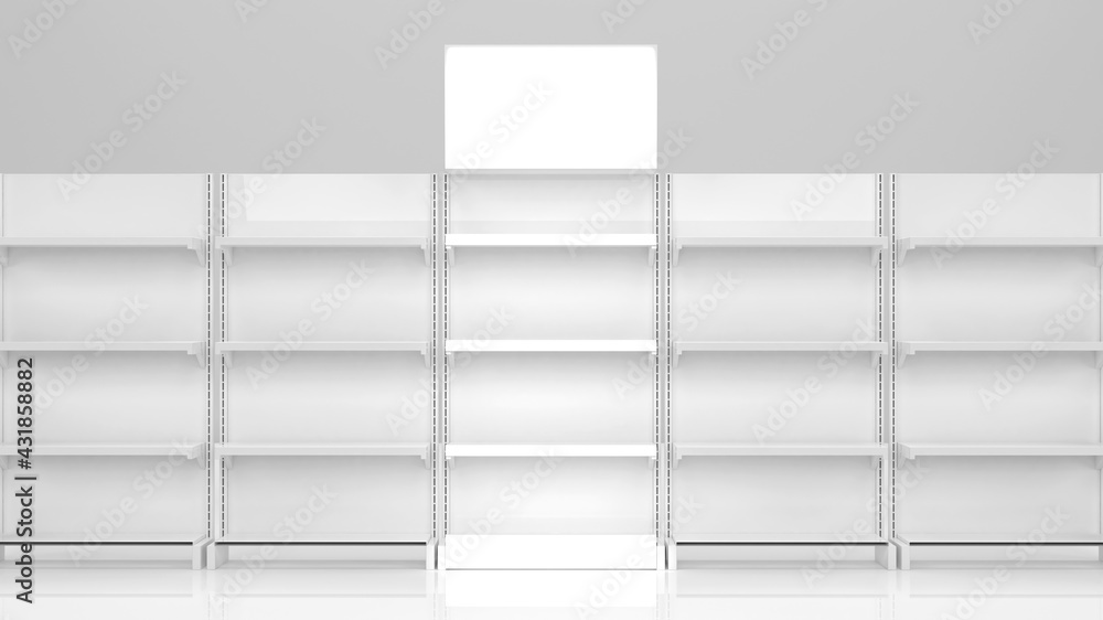 Superstore product display shelf isolated. 3D Illustration - obrazy, fototapety, plakaty 