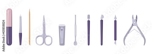 A set of tools for manicure and pedicure. Scissors, tweezers and nail files icons. Elements for beauty salon and hand and finger care at home