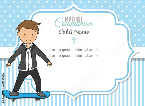  My first communion card. Boy with skateboard. Frame with space for text