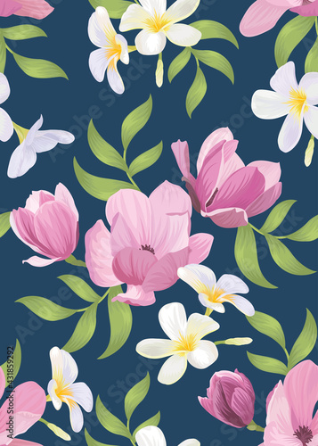 Seamless pattern of magnolia and plumeria flower background template. Vector set of floral element for wedding invitations  greeting card  brochure  banners and fashion design.