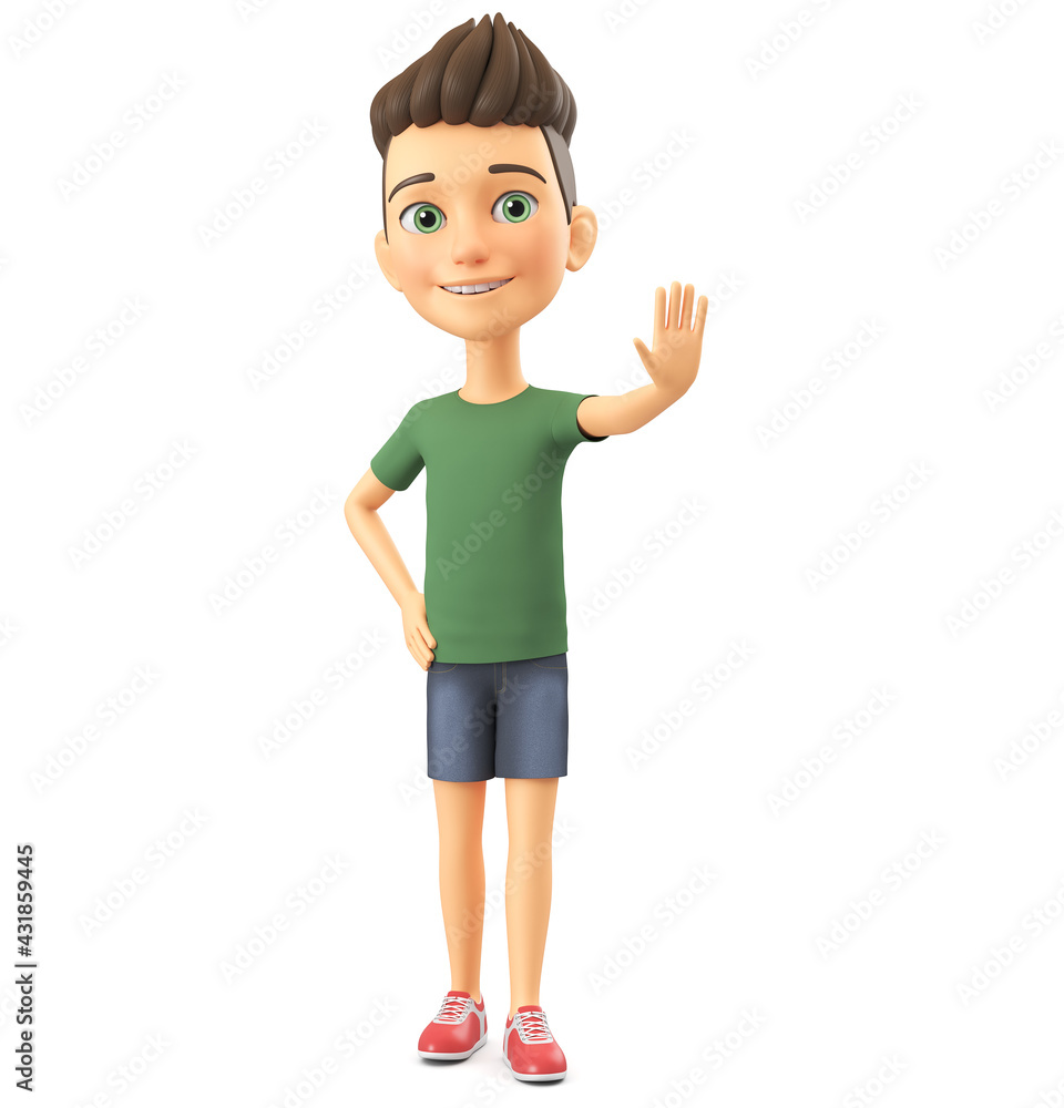 Cheerful guy cartoon character shows stop sign on white background. 3d render illustration. Cheerful guy cartoon character shows stop sign on white background. 3d render illustration.