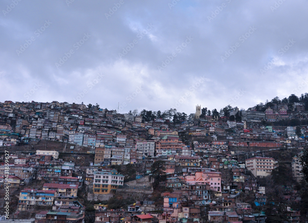 Fototapeta premium The beautiful panoramic landscape of Shimla situated in Himachal Pradesh. Natural beauty of Shimla Himachal Pradesh India.