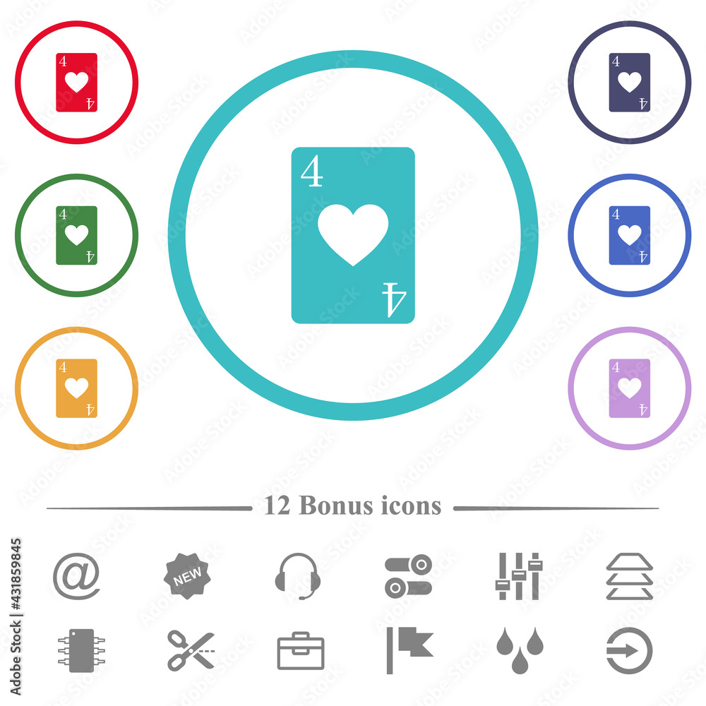 Four of hearts card flat color icons in circle shape outlines Four of hearts card flat color icons in circle shape outlines