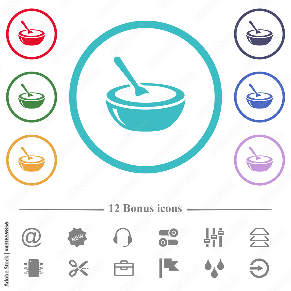 Glossy bowl of soup with spoon flat color icons in circle shape outlines Glossy bowl of soup with spoon flat color icons in circle shape outlines