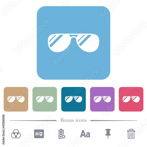 Aviator sunglasses with glosses flat icons on color rounded square backgrounds photo