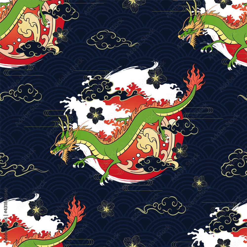 Seamless Art Japanese Repeat Pattern of Flying Dragon Going Down Through Curvy Cloud and Red Sun with Gold Wind Line on Water Wave Repeat Pattern Background Vector Design Wrapping Paper