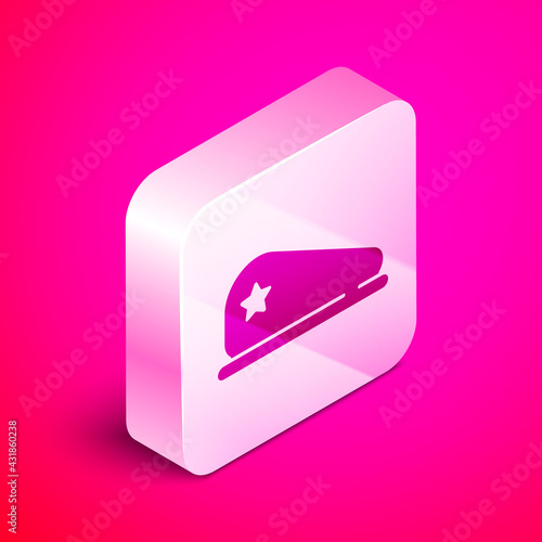 Isometric Military beret icon isolated on pink background. Soldiers cap. Army hat. War baret. Silver square button. Vector