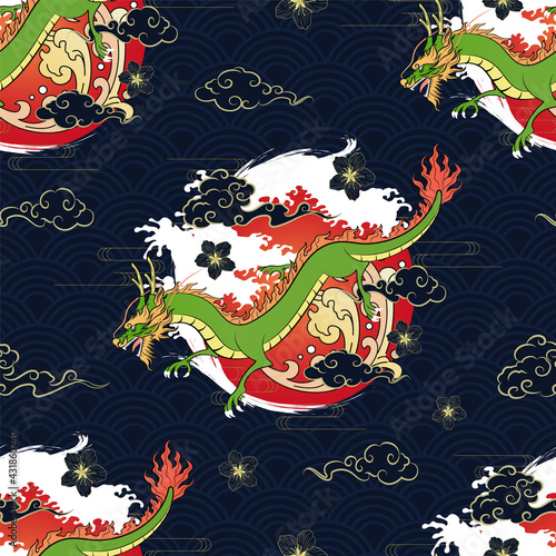 Seamless Art Japanese Repeat Pattern of Flying Dragon Going Down Through Curvy Cloud and Red Sun with Gold Wind Line on Water Wave Repeat Pattern Background Vector Design Wrapping Paper